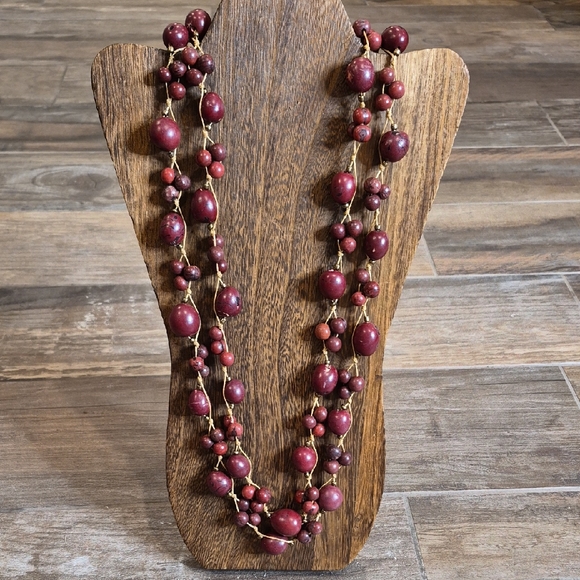 Unbranded Jewelry - Vintage Cranberry Maroon Beaded Gold Tone Spacers Knotted Cord Long Necklace